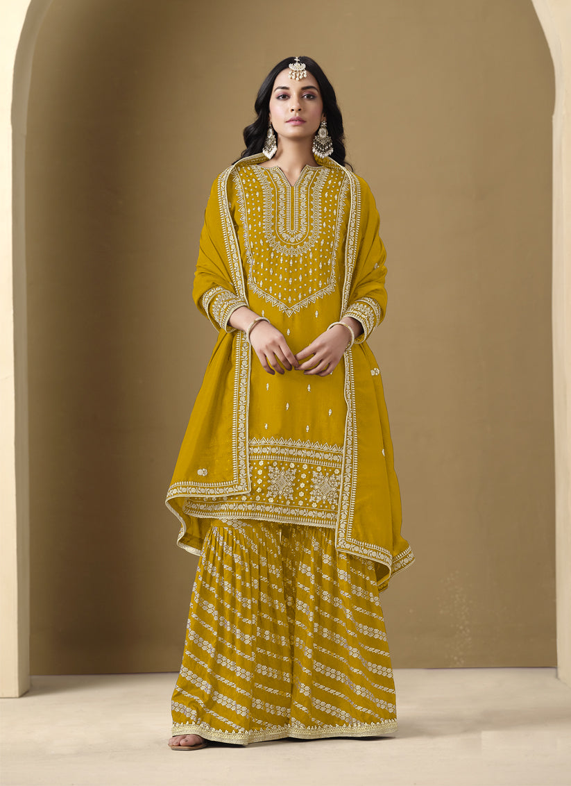 Mustard Art Silk Readymade Embroidered Sarara Kameez