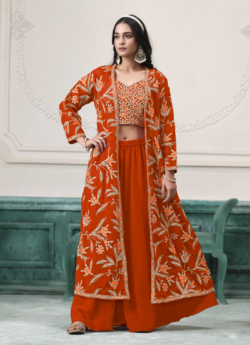 Orange Faux Georgette Embroidered Readymade IndoWestern