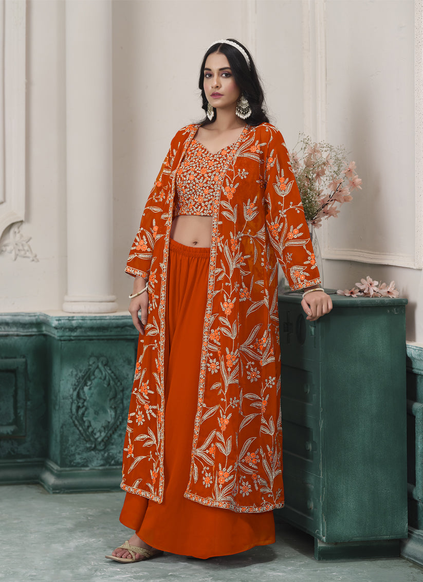 Orange Faux Georgette Embroidered Readymade IndoWestern