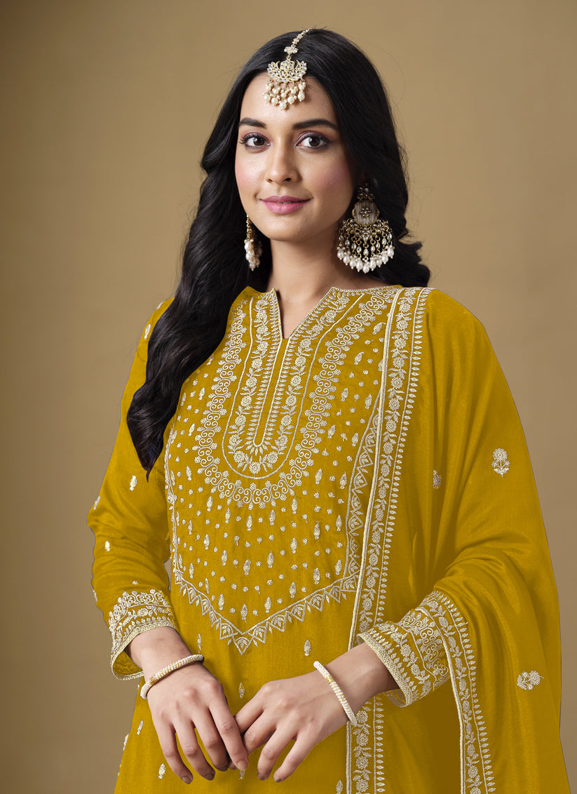 Mustard Art Silk Readymade Embroidered Sarara Kameez