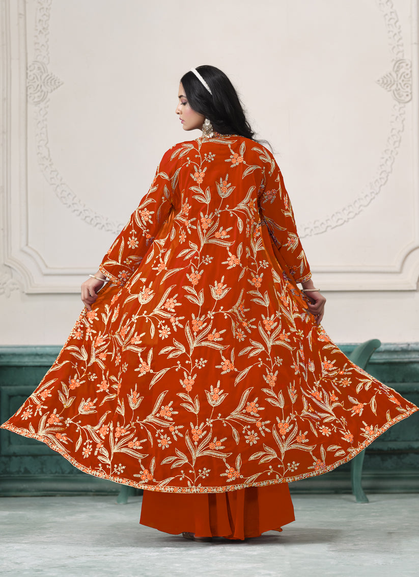 Orange Faux Georgette Embroidered Readymade IndoWestern