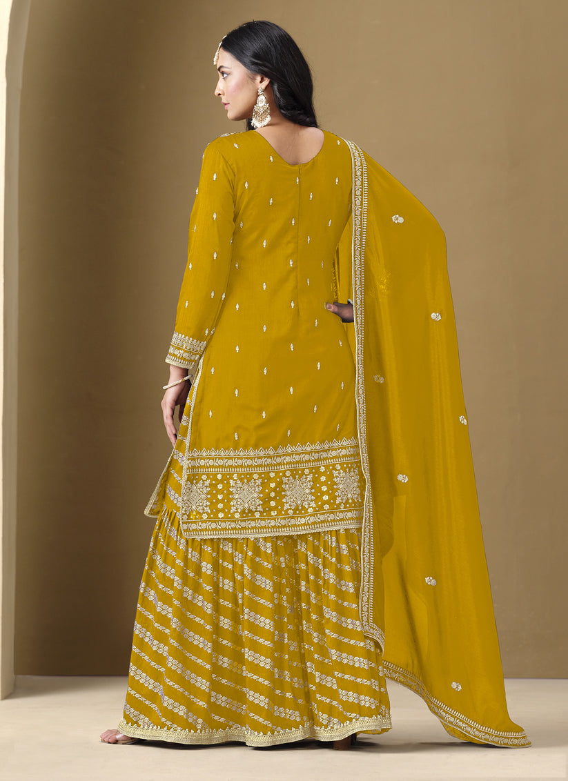 Mustard Art Silk Readymade Embroidered Sarara Kameez