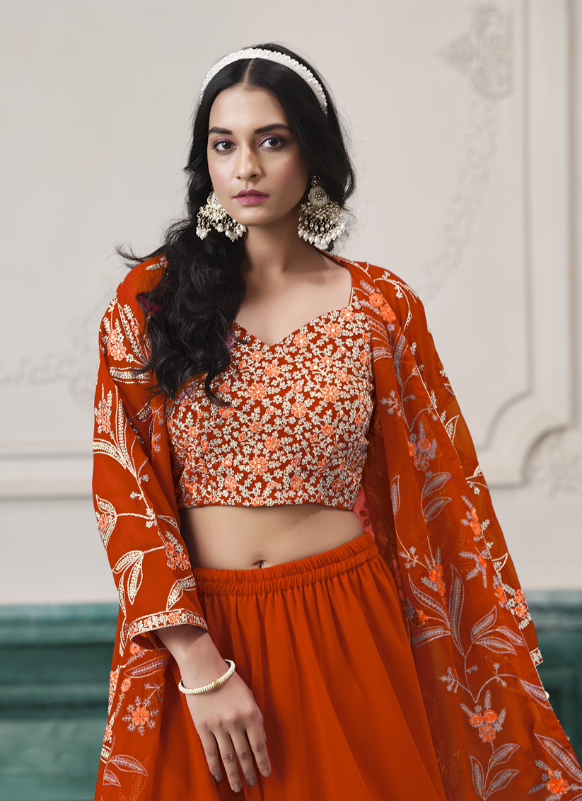 Orange Faux Georgette Embroidered Readymade IndoWestern