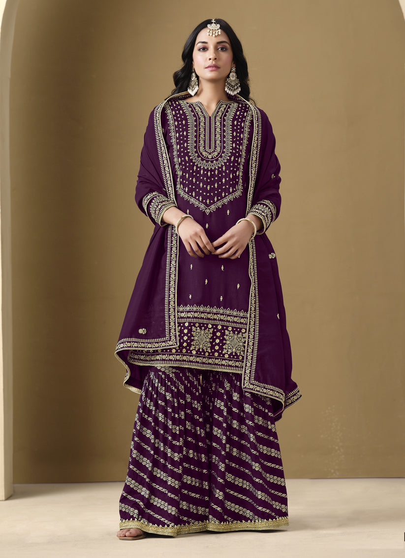 Wine Art Silk Readymade Embroidered Sarara Kameez