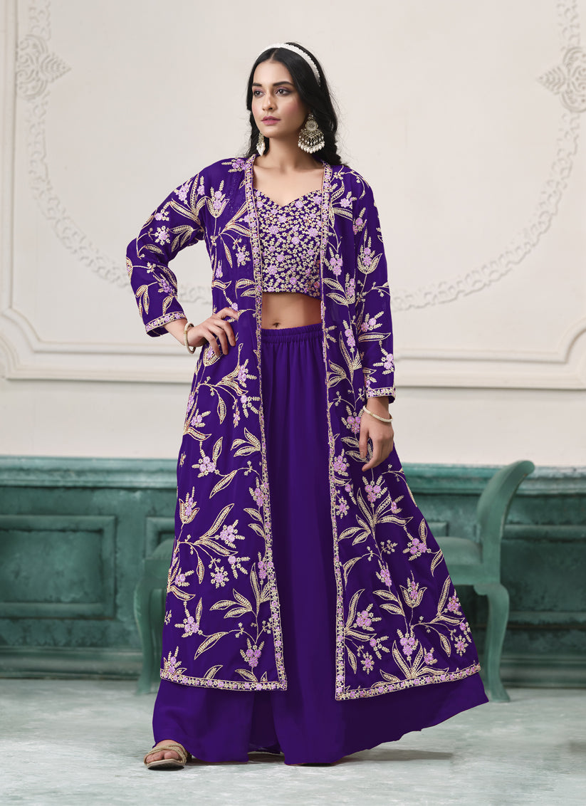 Purple Faux Georgette Embroidered Readymade IndoWestern