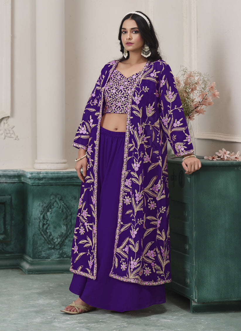 Purple Faux Georgette Embroidered Readymade IndoWestern
