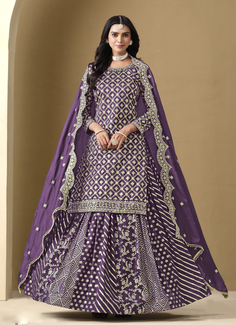 Purple Art Silk Embroidered Readymade Lehenga Kameez