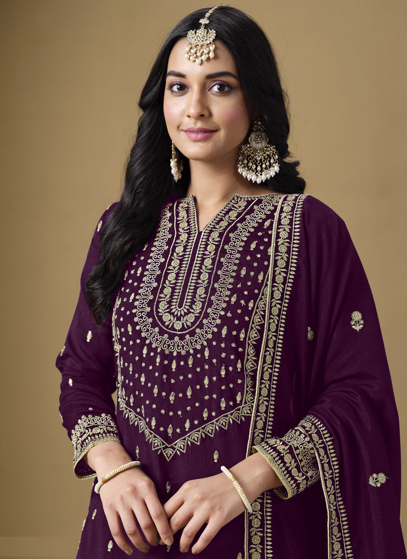 Wine Art Silk Readymade Embroidered Sarara Kameez