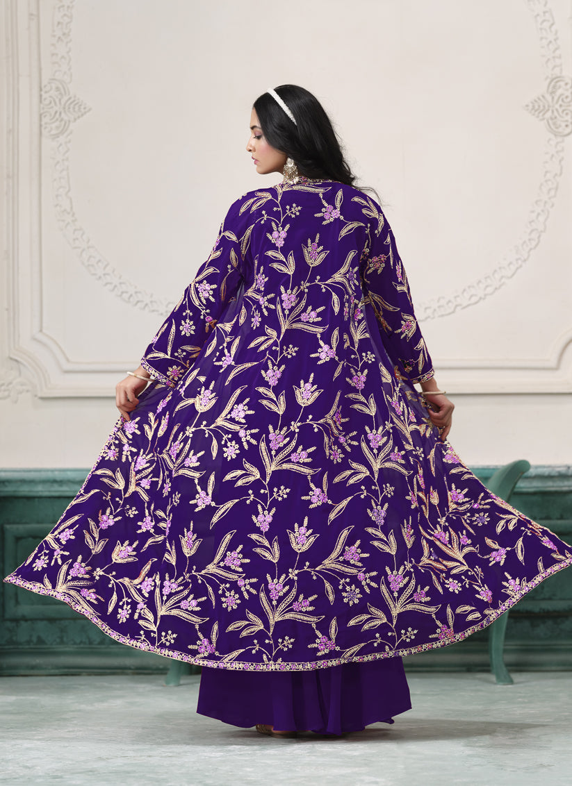 Purple Faux Georgette Embroidered Readymade IndoWestern