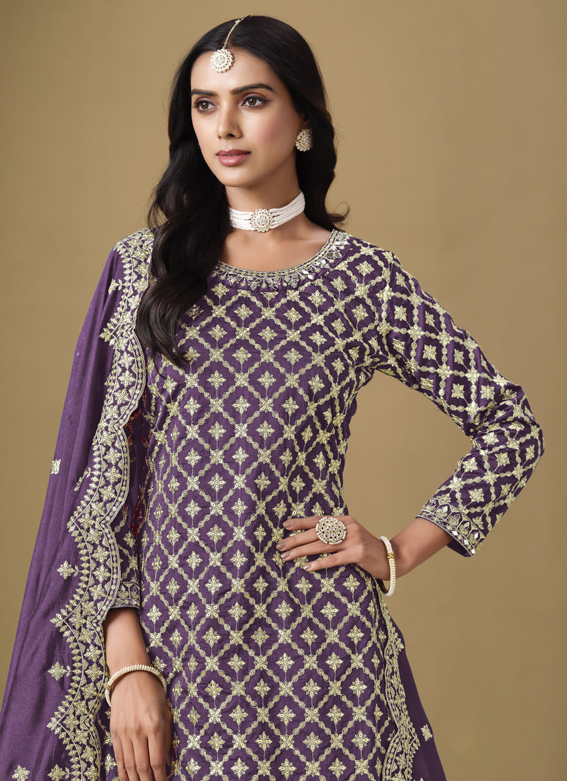 Purple Art Silk Embroidered Readymade Lehenga Kameez