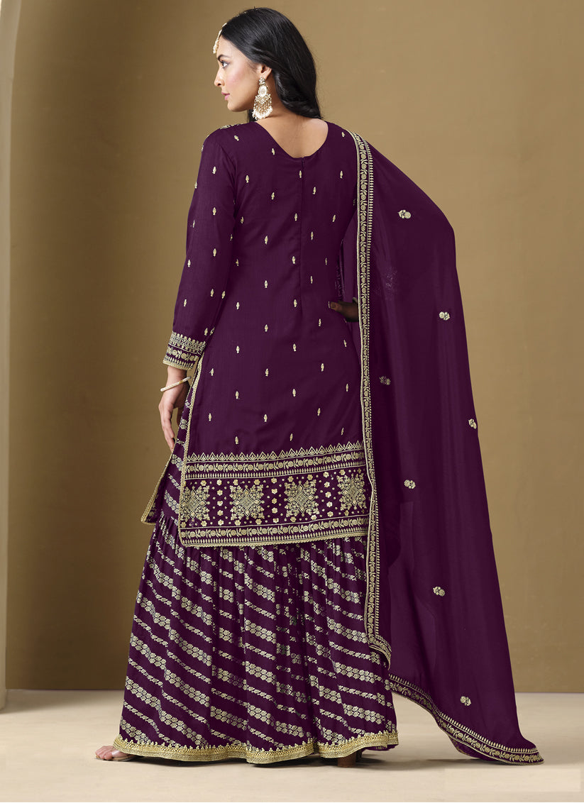 Wine Art Silk Readymade Embroidered Sarara Kameez