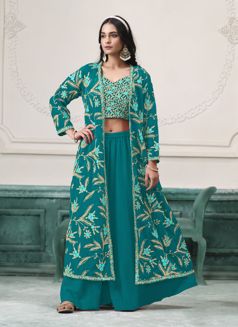 Rama Green Faux Georgette Embroidered Readymade IndoWestern