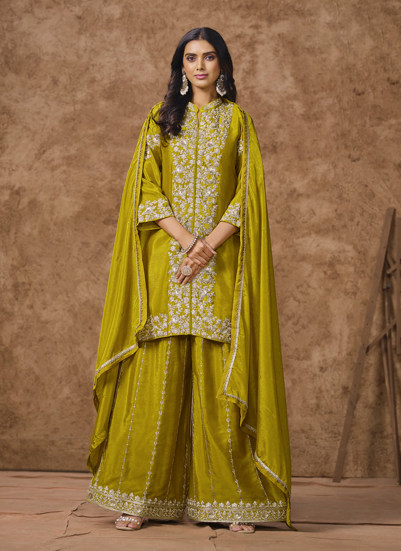 Chartreuse Green Chinnon Silk Embroidered Palazzo Kameez