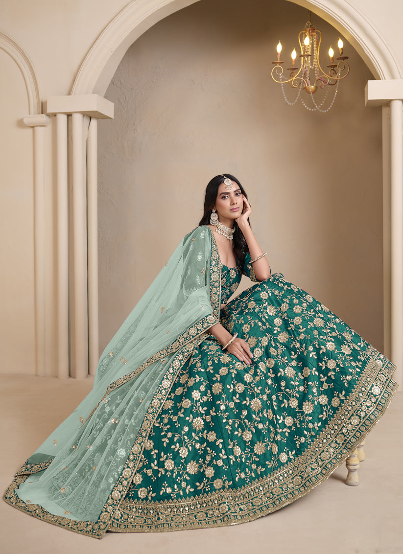 Rama Green Art Silk Embroidered Lehenga Choli