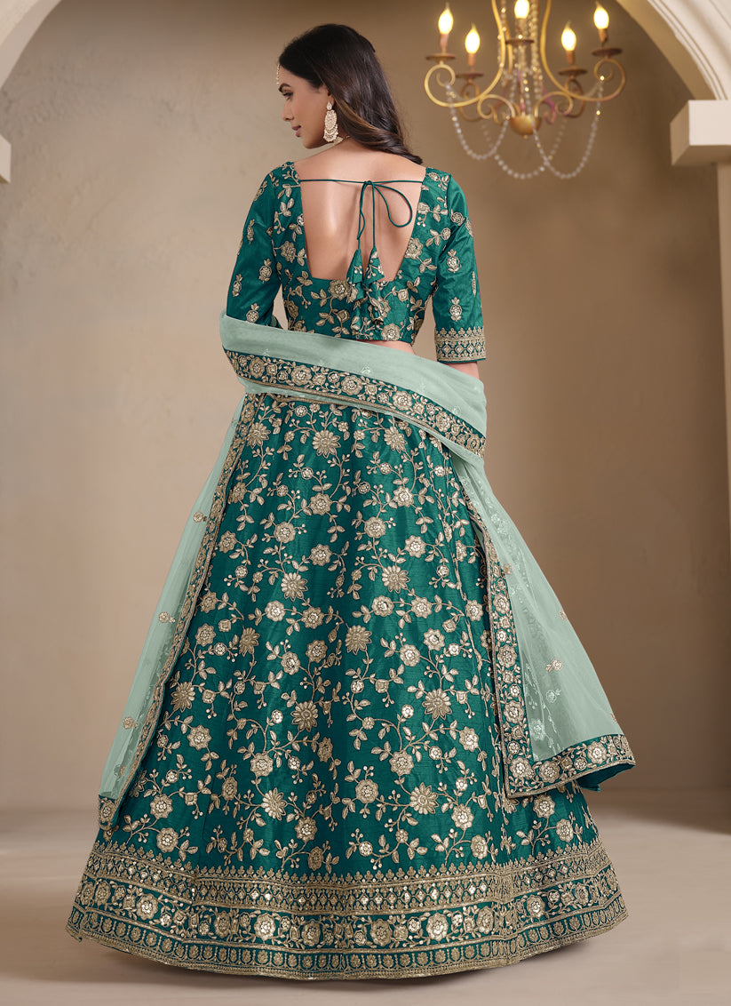 Rama Green Art Silk Embroidered Lehenga Choli