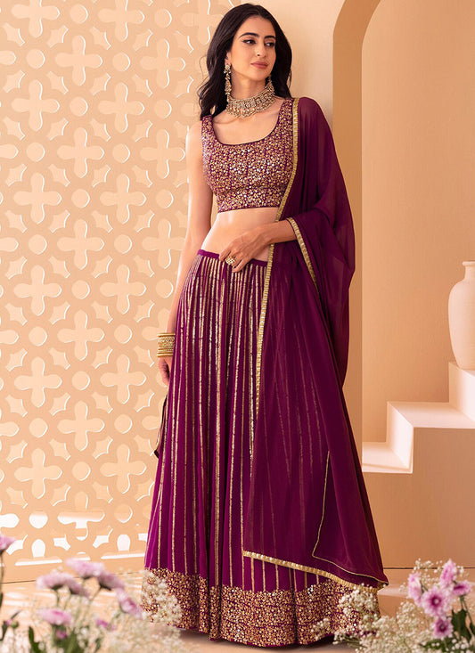 Wine Embroidered Georgette Lehenga Choli Set