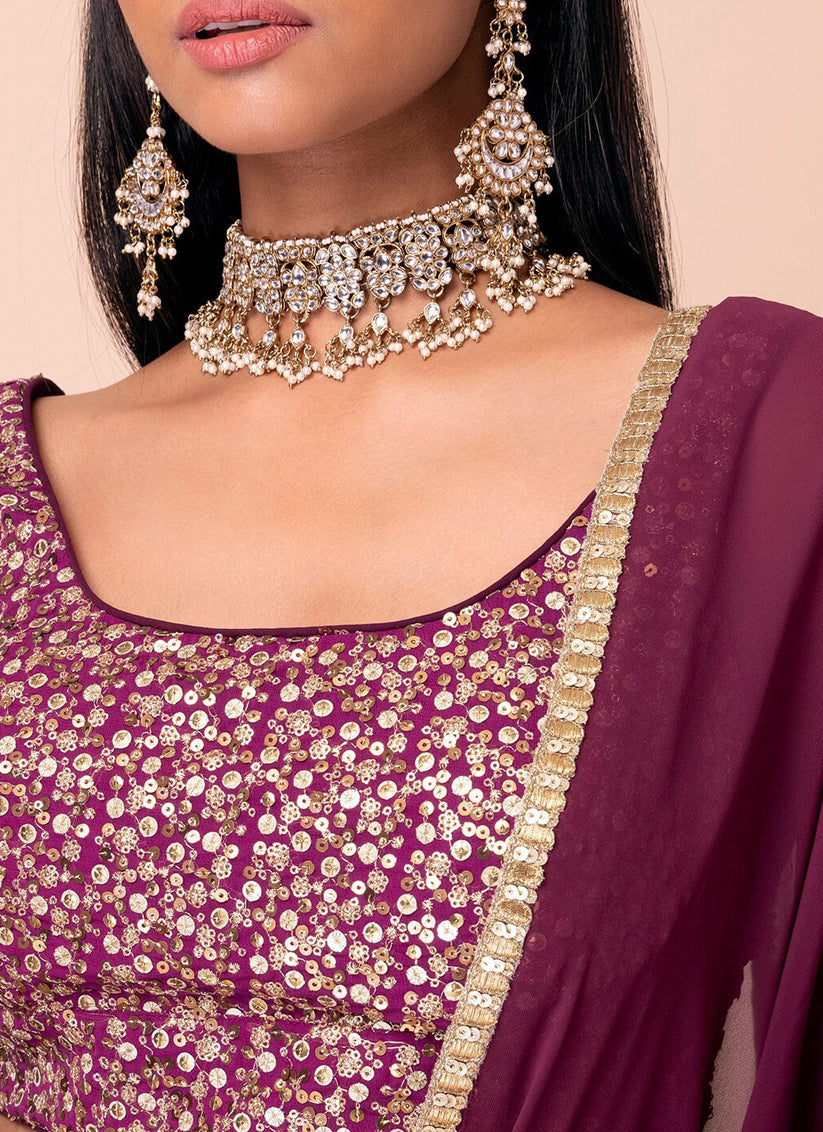 Wine Embroidered Georgette Lehenga Choli Set