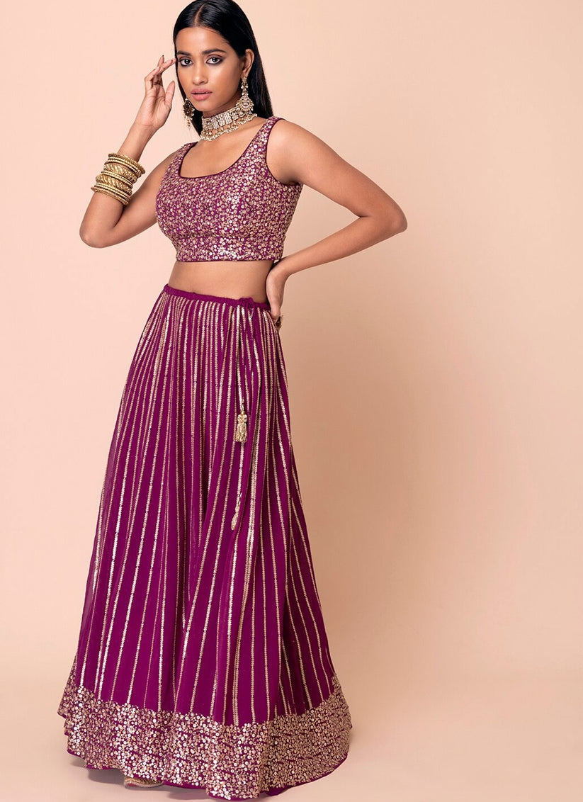 Wine Embroidered Georgette Lehenga Choli Set