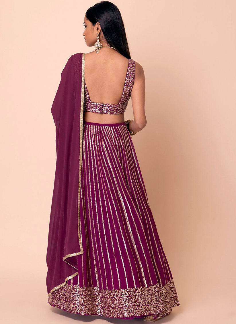 Wine Embroidered Georgette Lehenga Choli Set