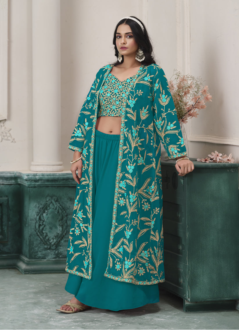 Rama Green Faux Georgette Embroidered Readymade IndoWestern
