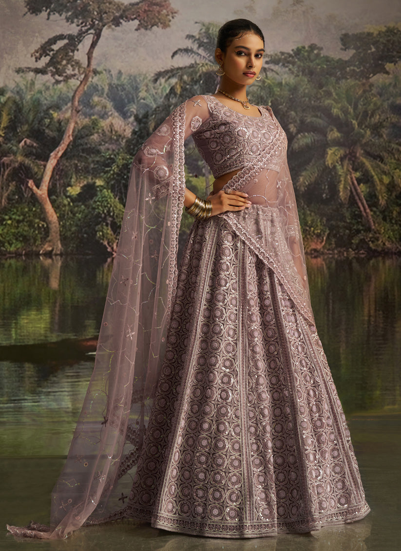 Dusty Mauve Soft Embroidered Net Designer Wedding Lehenga Choli Set