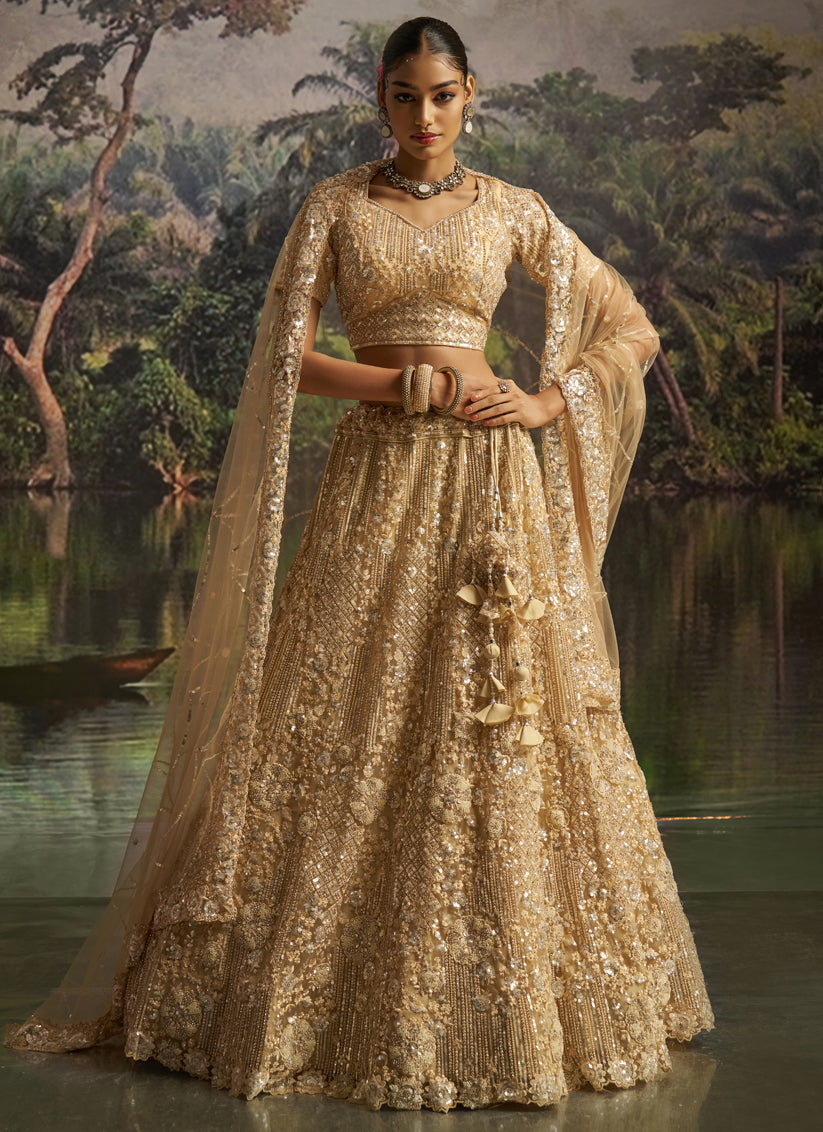 Beige Soft Embroidered Net Designer Wedding Lehenga Choli Set
