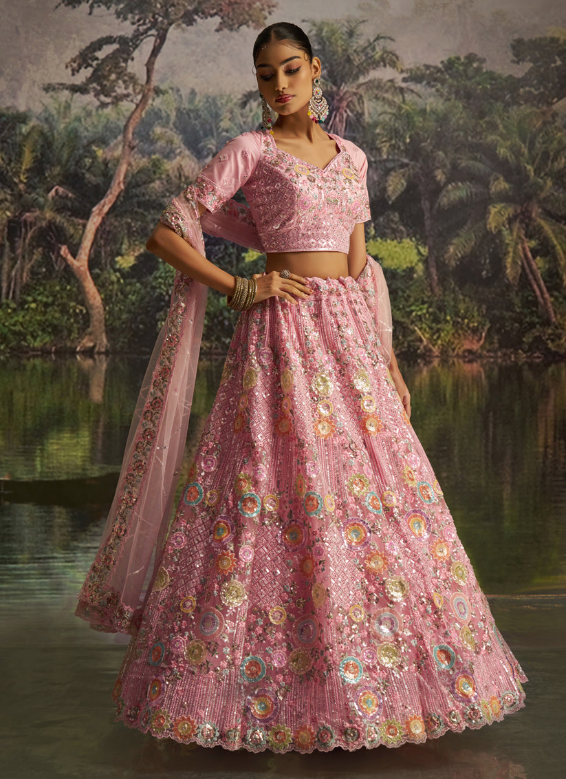 Rose Pink Soft Embroidered Net Designer Wedding Lehenga Choli Set