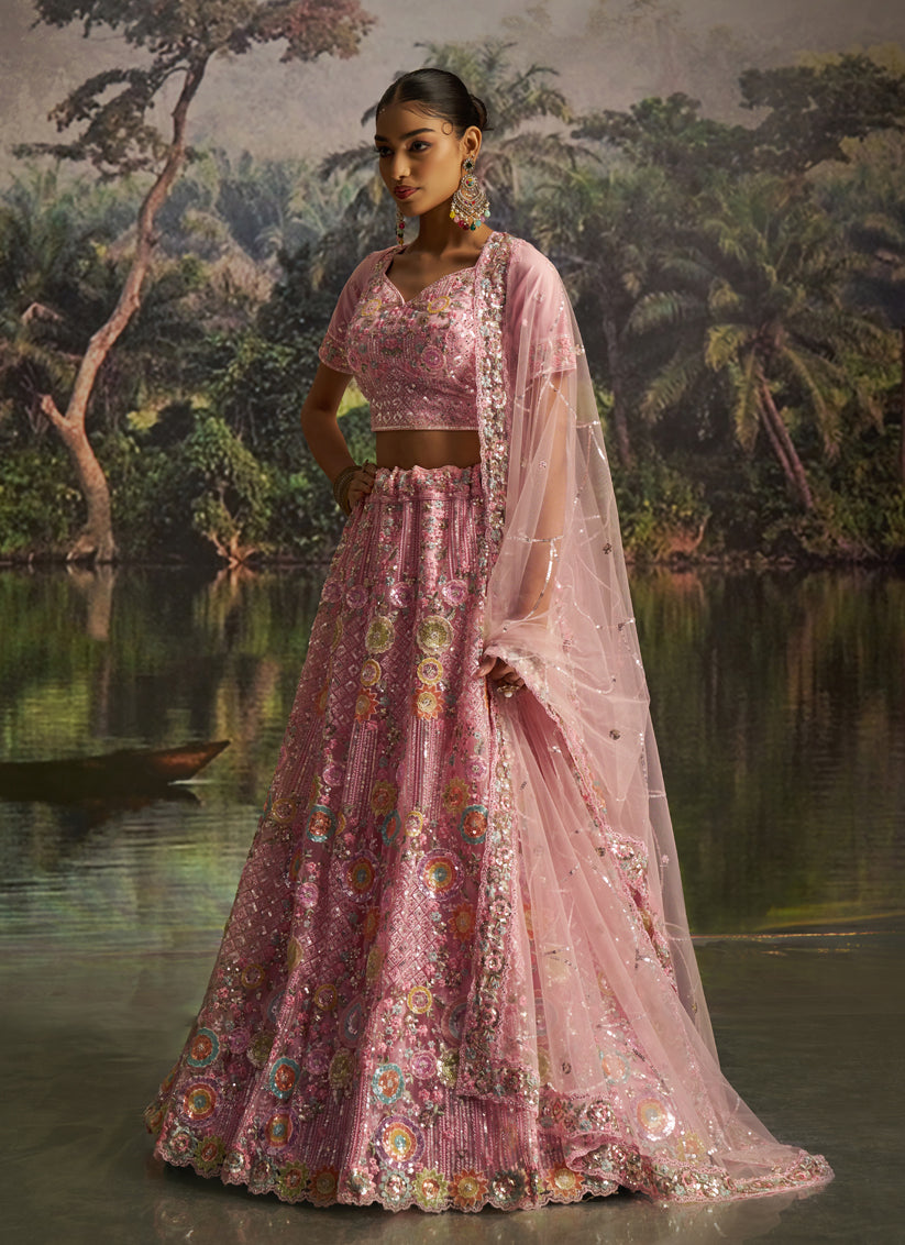Rose Pink Soft Embroidered Net Designer Wedding Lehenga Choli Set