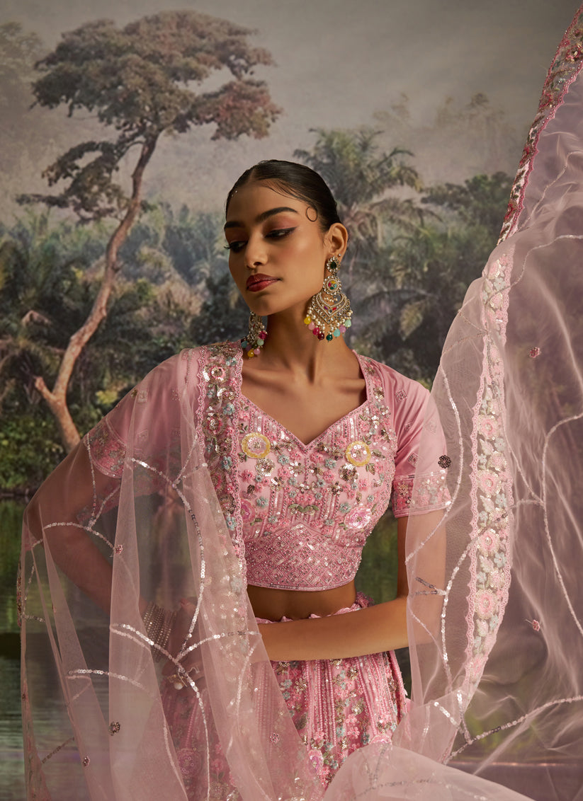 Rose Pink Soft Embroidered Net Designer Wedding Lehenga Choli Set