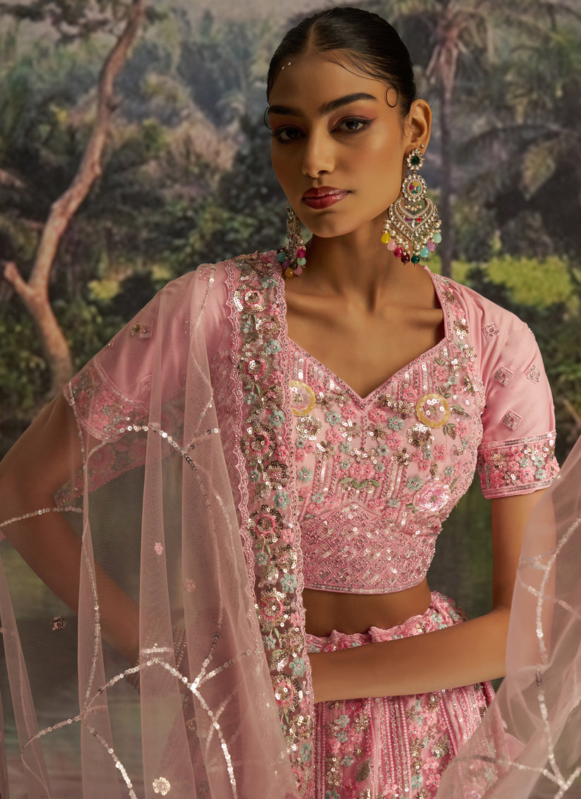 Rose Pink Soft Embroidered Net Designer Wedding Lehenga Choli Set