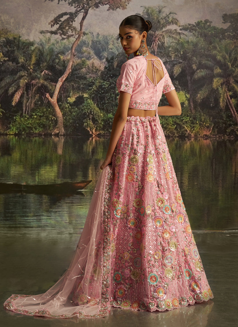 Rose Pink Soft Embroidered Net Designer Wedding Lehenga Choli Set