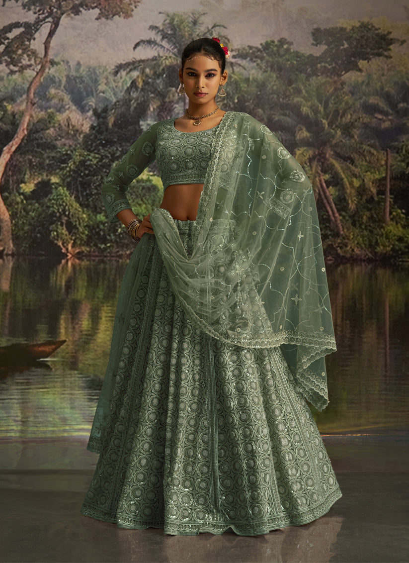 Sea Green Soft Embroidered Net Designer Wedding Lehenga Choli Set