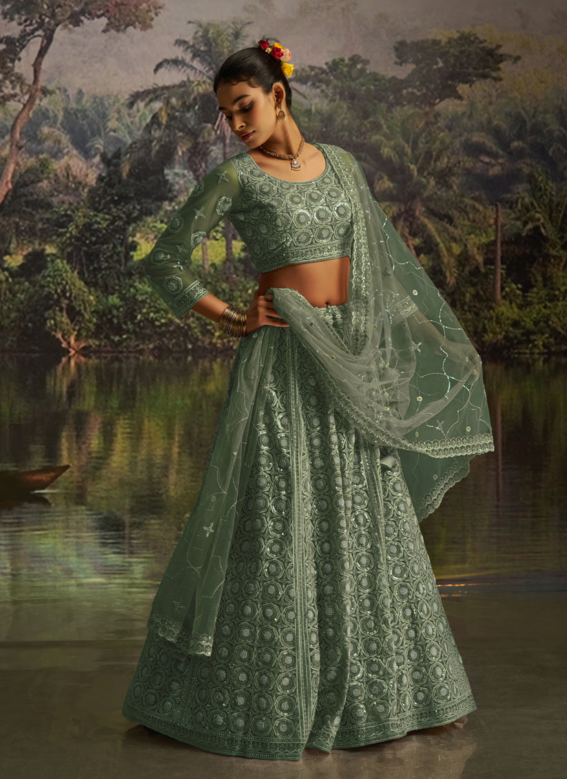 Sea Green Soft Embroidered Net Designer Wedding Lehenga Choli Set