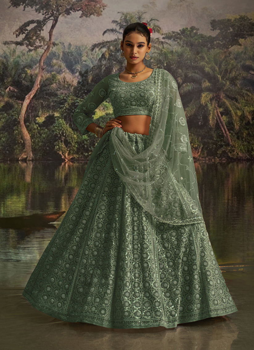 Sea Green Soft Embroidered Net Designer Wedding Lehenga Choli Set