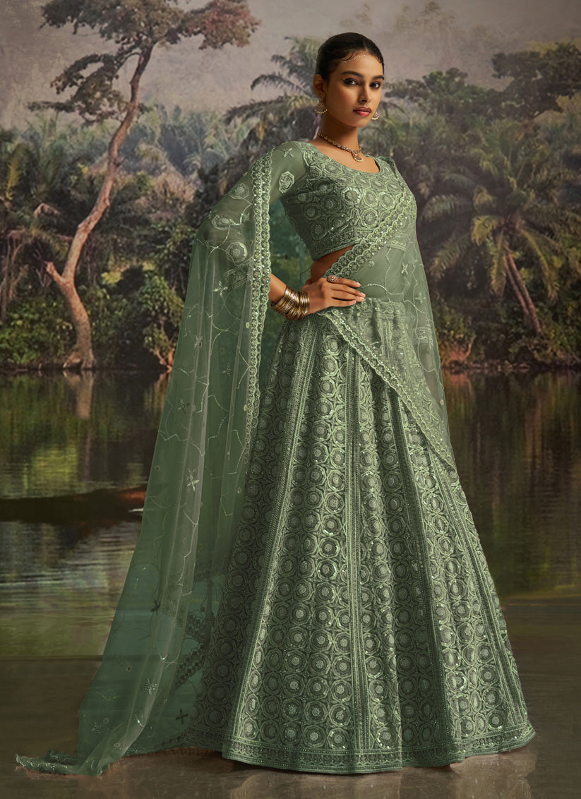 Sea Green Soft Embroidered Net Designer Wedding Lehenga Choli Set