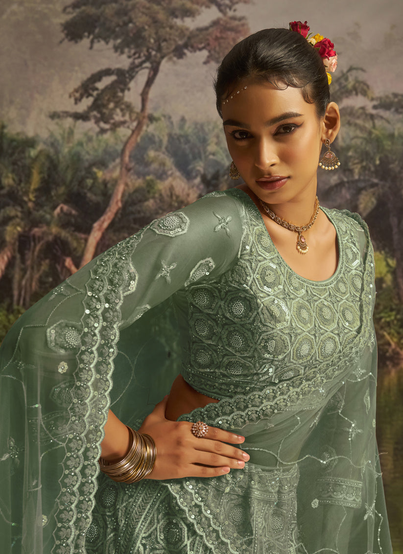 Sea Green Soft Embroidered Net Designer Wedding Lehenga Choli Set