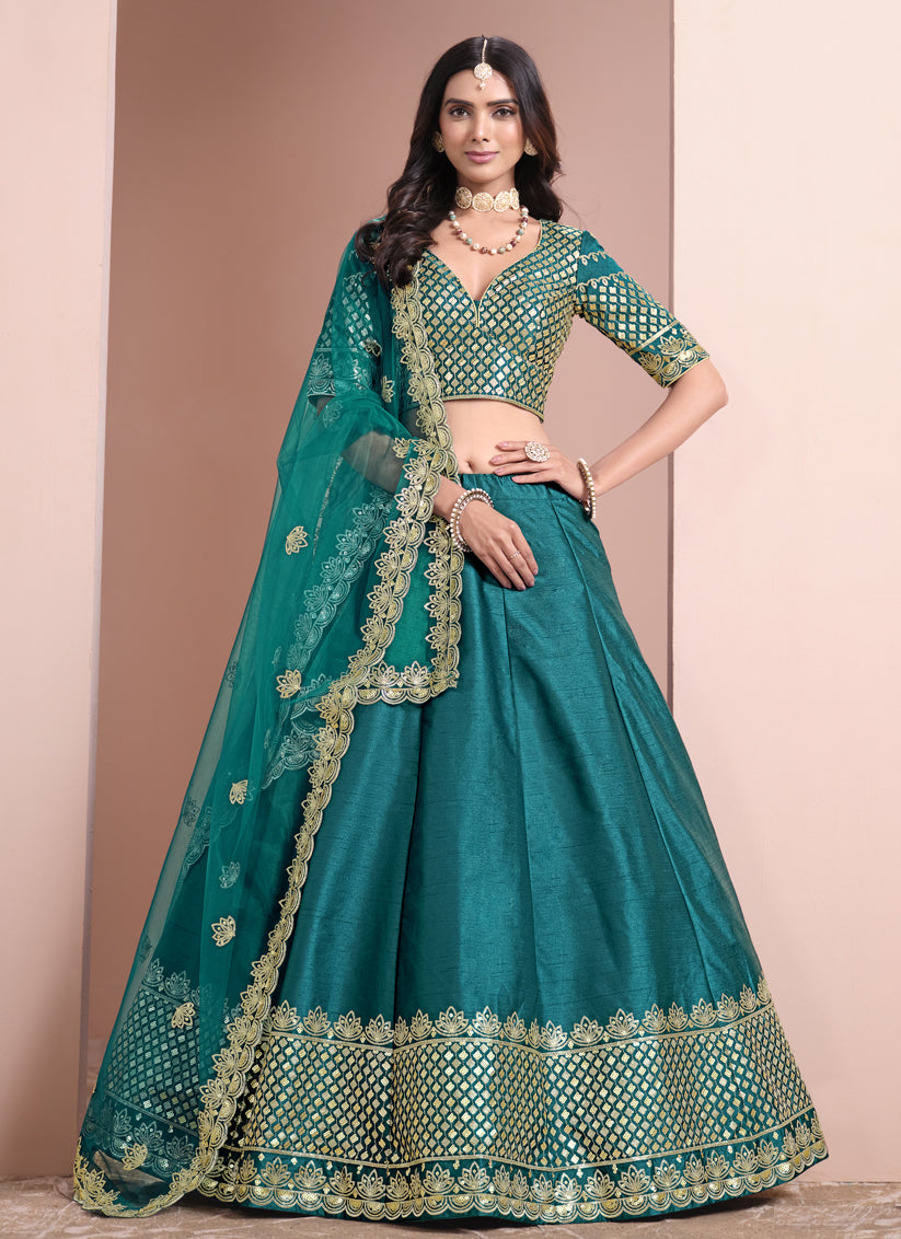 Firozi Art Silk Embroidered Lehenga Choli for Wedding