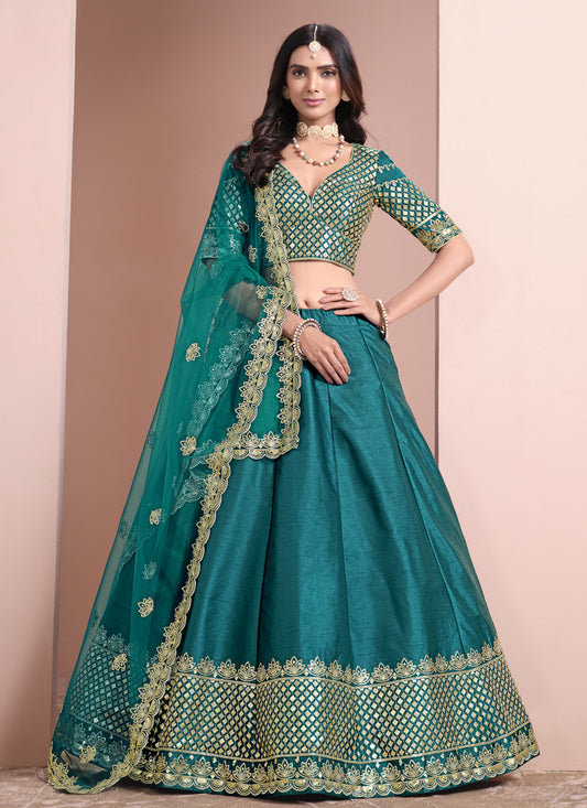 Firozi Art Silk Embroidered  Lehenga Choli for Wedding