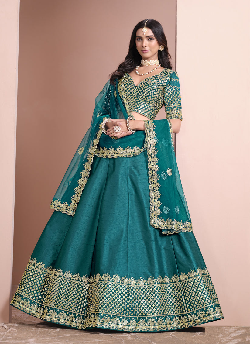 Firozi Art Silk Embroidered Lehenga Choli for Wedding