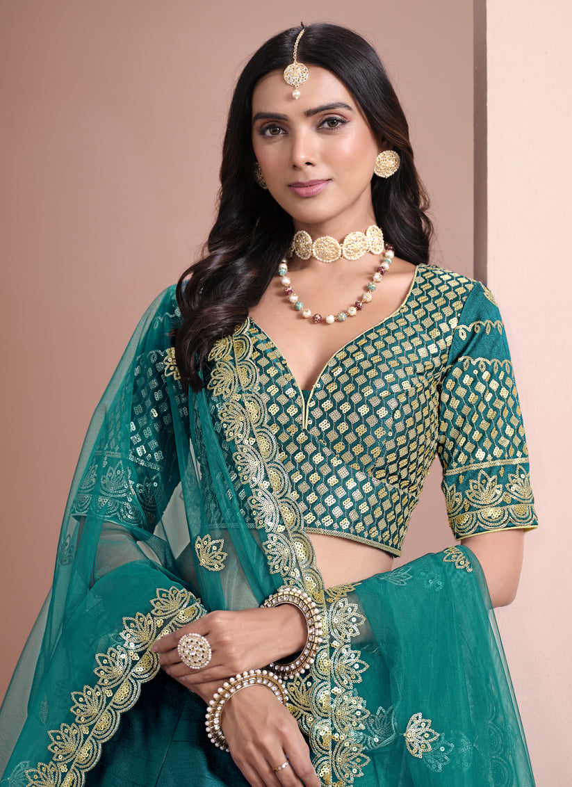 Firozi Art Silk Embroidered Lehenga Choli for Wedding