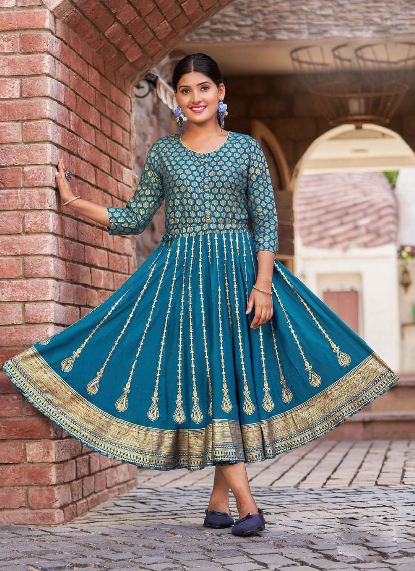 Turquoise Rayon Printed Anarkali Kurti