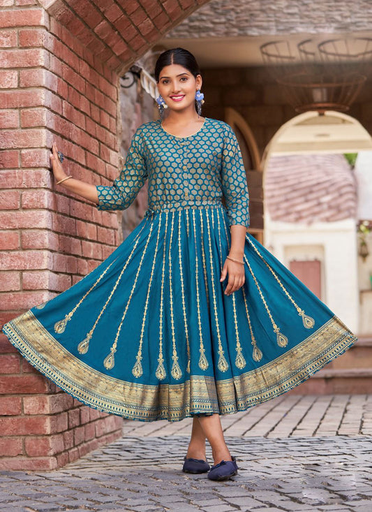 Turquoise Rayon Printed Anarkali Kurti