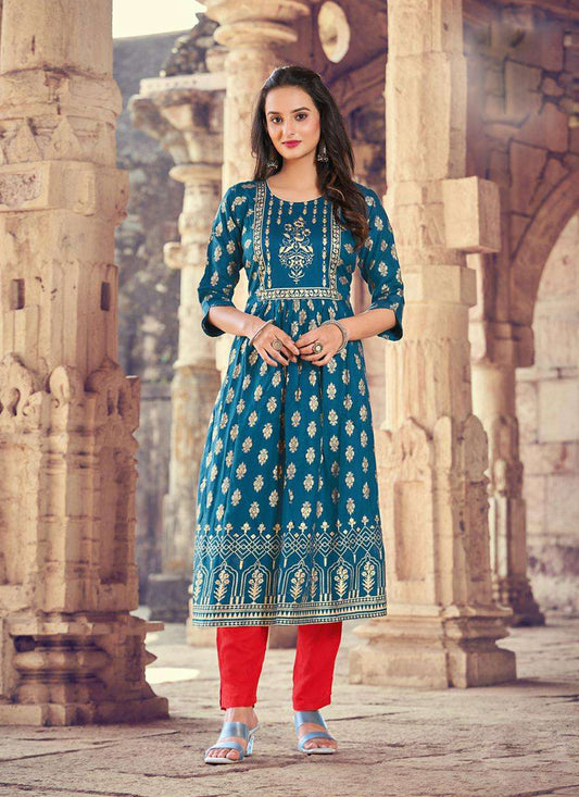 Blue Rayon Printed Designer Kurti