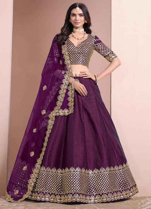 Wine Art Silk Embroidered  Lehenga Choli for Wedding