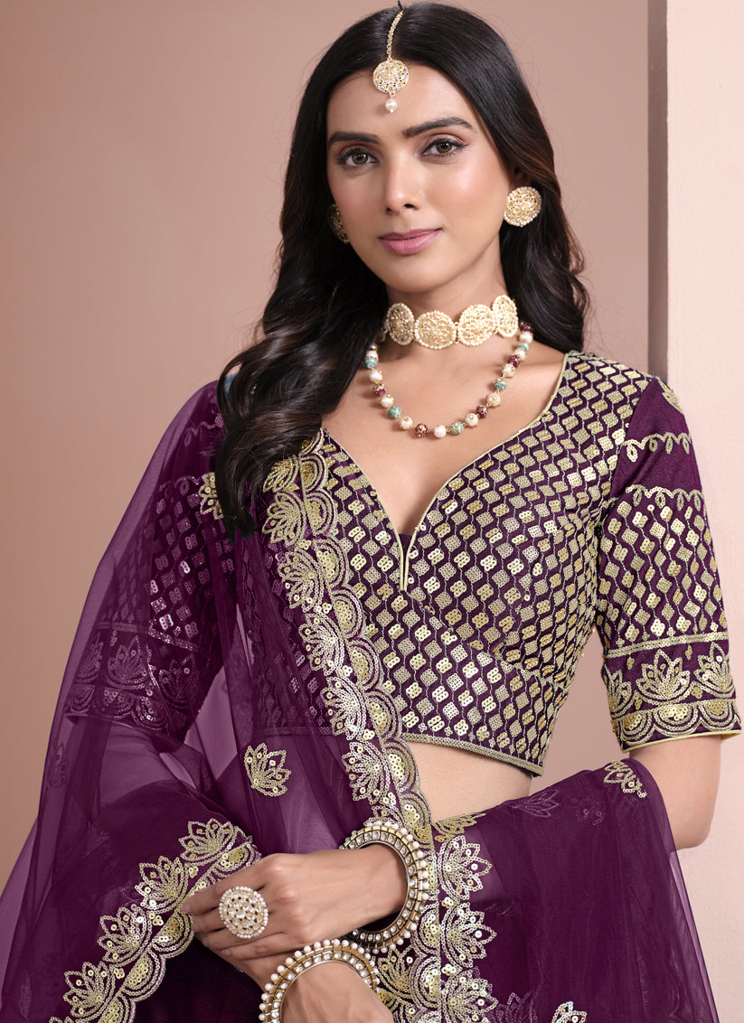 Wine Art Silk Embroidered Lehenga Choli for Wedding