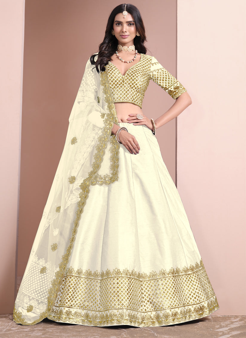 Cream Art Silk Embroidered Lehenga Choli for Wedding