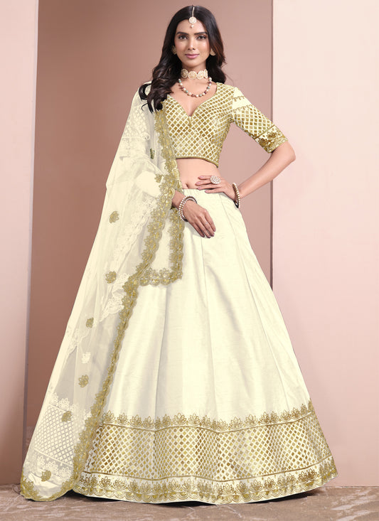 Cream Art Silk Embroidered  Lehenga Choli for Wedding