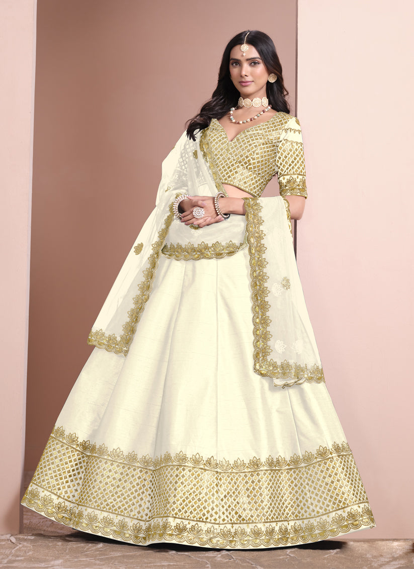 Cream Art Silk Embroidered Lehenga Choli for Wedding