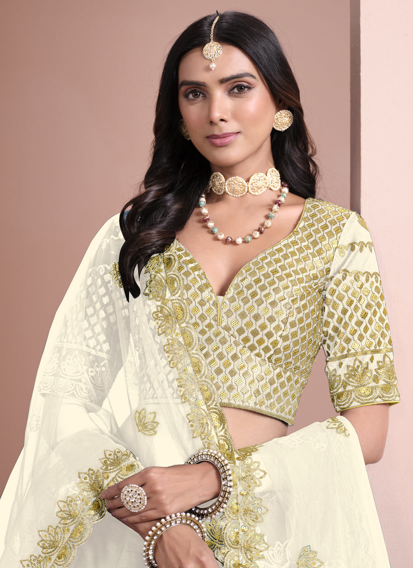 Cream Art Silk Embroidered Lehenga Choli for Wedding