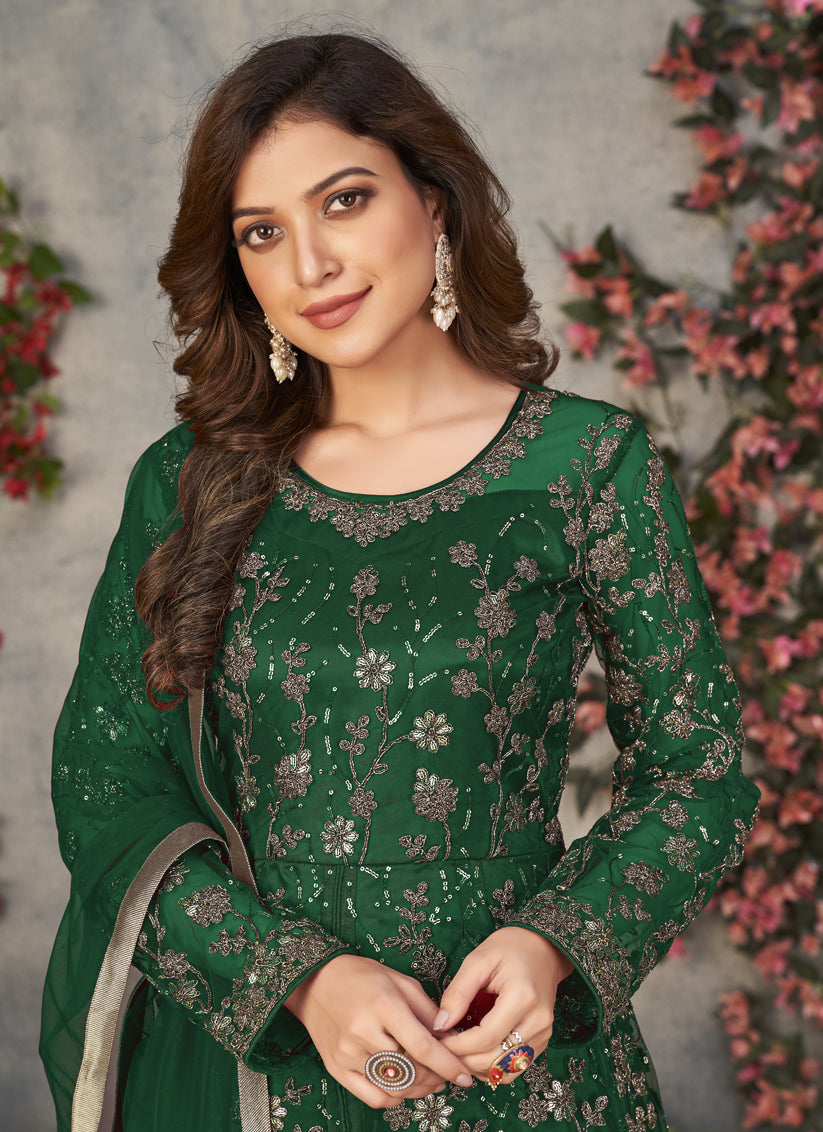 Bottle Green Net Embroidered Pant Kameez